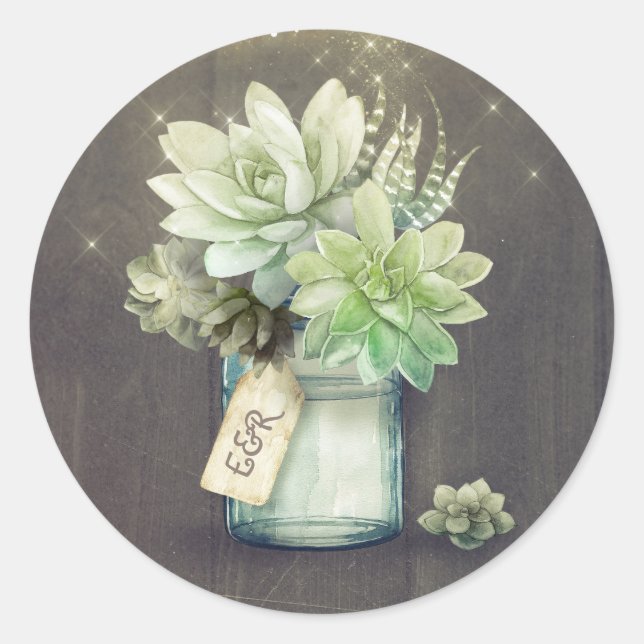Succulents Mason Jar Rustic Wedding Initials Classic Round Sticker (Front)