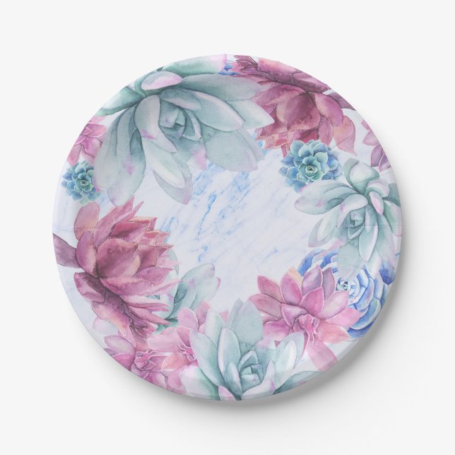 Succulents Modern Chic Marble Bridal Shower Fiesta Paper Plate (Front)