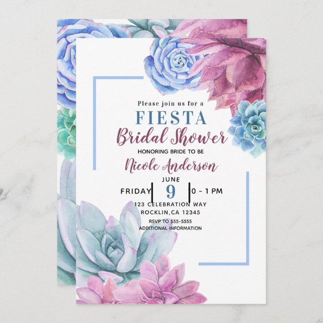 Succulents Modern Chic White Bridal Shower Fiesta Invitation (Front/Back)