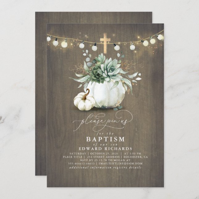 Succulents Pumpkins Gold Cross Fall Baptism Invitation (Front/Back)