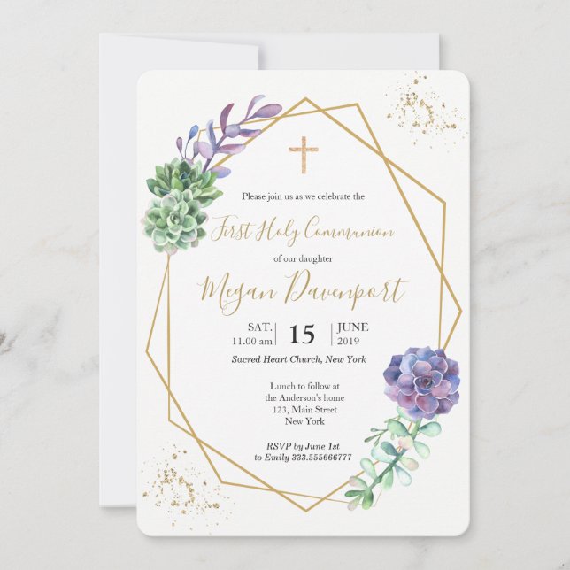 Succulents Purple Communion Invitation (Front)