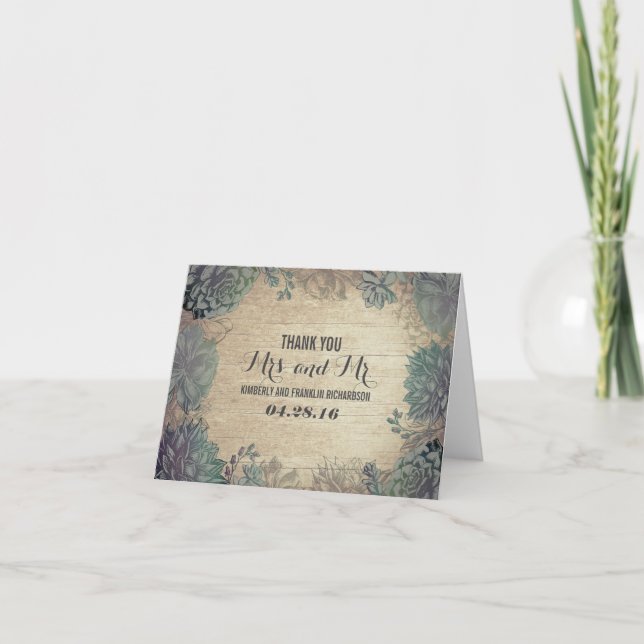Succulents Rustic Wood Wedding Thank You Card (Front)