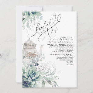 Succulents Silver Greenery Bridal Shower Tea Party Invitation