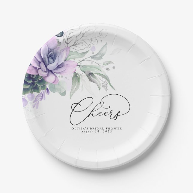 Succulents Silver Greenery Elegant Modern Cheers Paper Plate (Front)