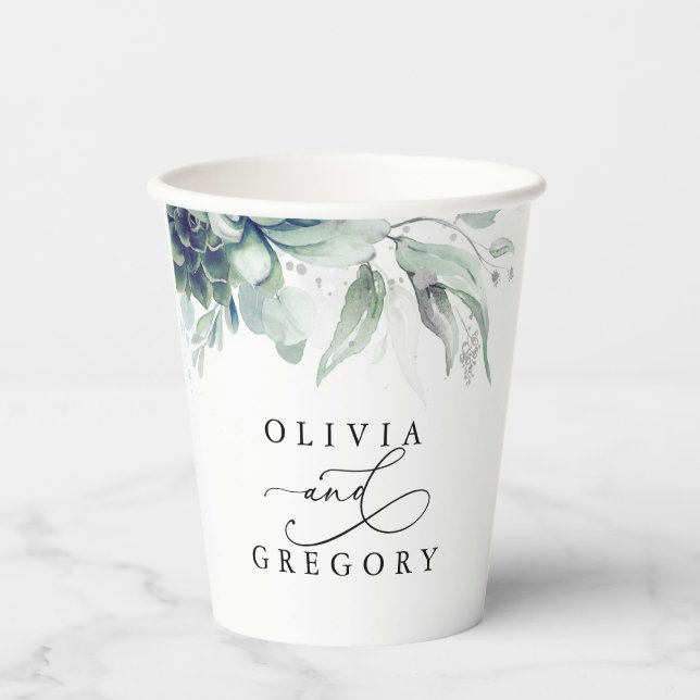 Succulents Silver Greenery Elegant Modern Wedding Paper Cups (Front)