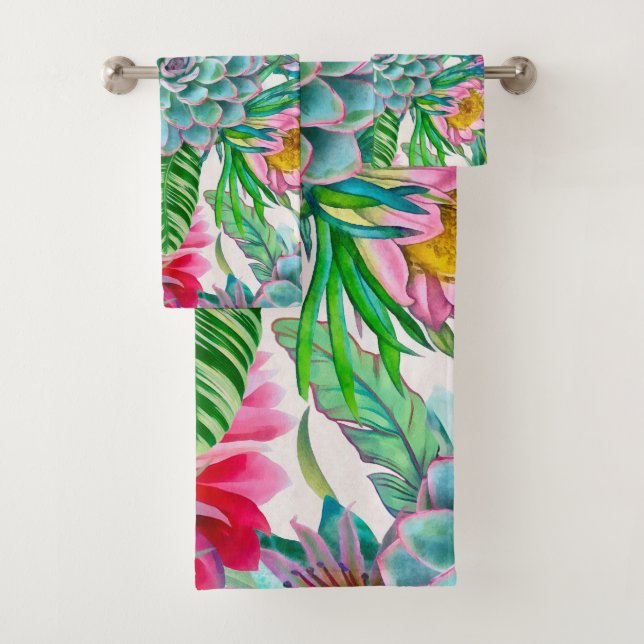 Succulents tropical garden bath towel set (Insitu)