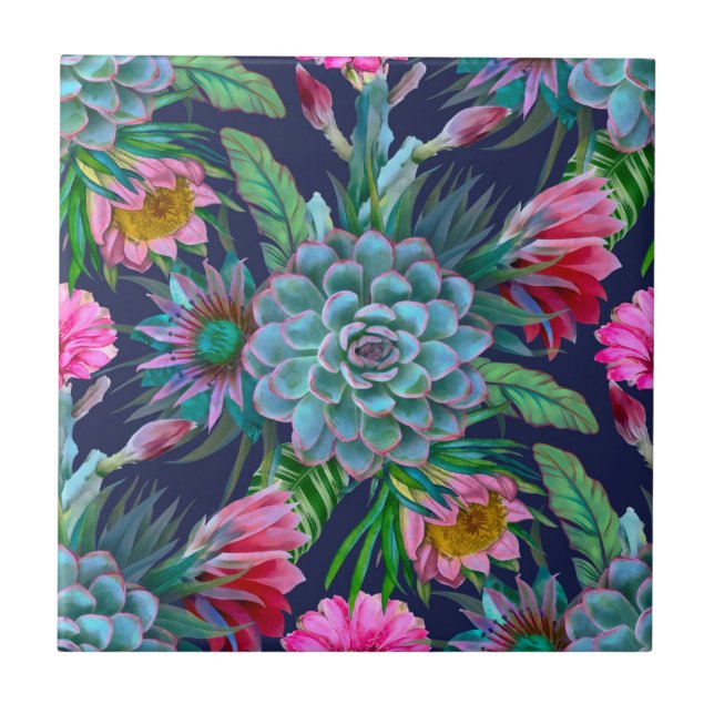 Succulents tropical garden ceramic tile (Front)