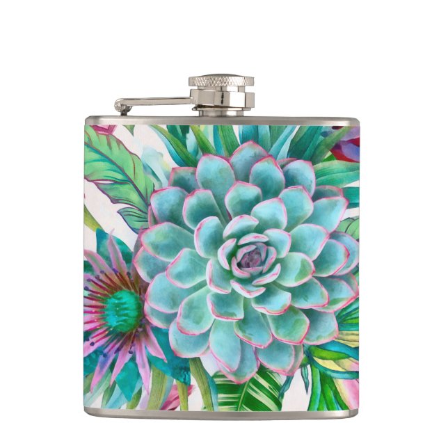 Succulents tropical garden hip flask (Front)
