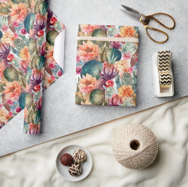 Succulents watercolor cactus desert flower pattern wrapping paper (Crafts)