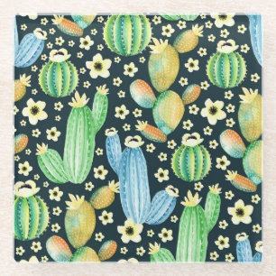 Succulents Watercolor Cactus Floral Pattern Glass Coaster