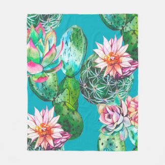 Succulents watercolor illustration pattern fleece blanket