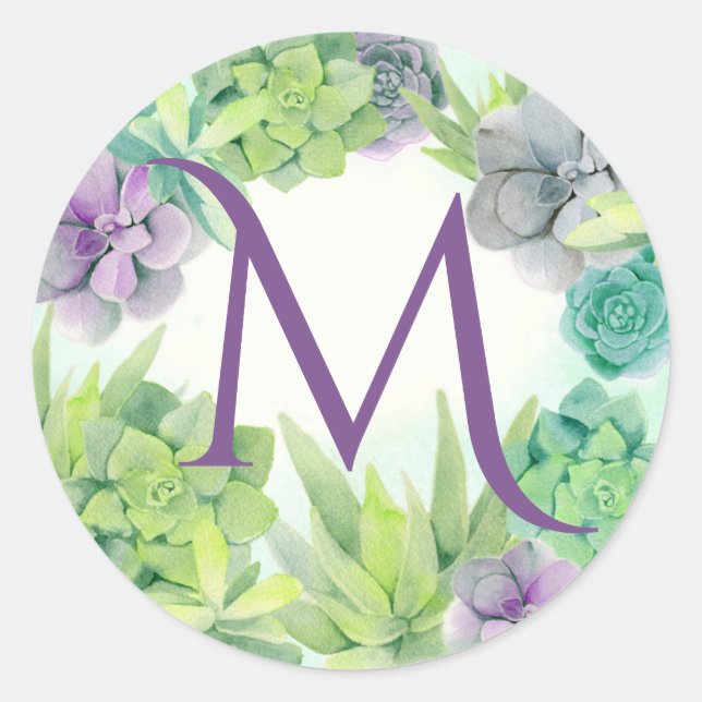 Succulents Watercolor Monogram Classic Round Sticker (Front)