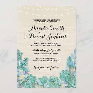 Succulents Wedding Invitations Mint Rustic Lights