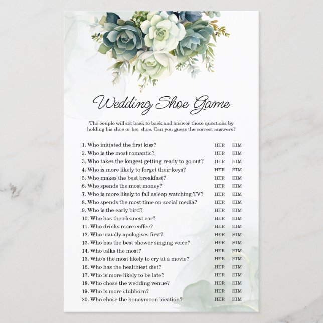 Succulents Wedding or Couples Shower Shoe Game (Front)