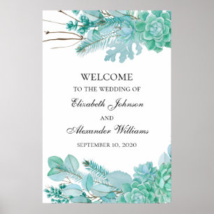 Succulents welcome sign. Mint wedding floral Poster