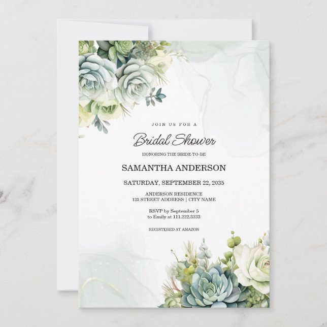 Succulents, white roses and greenery Bridal Shower Invitation (Front)