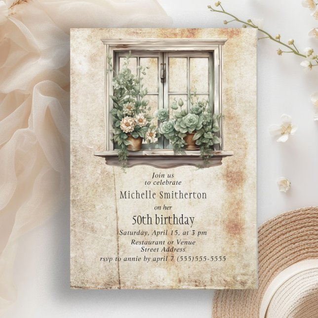 Succulents Window Garden 50th Birthday Party Invitation (Rustic succulent window garden birthday party invitation)