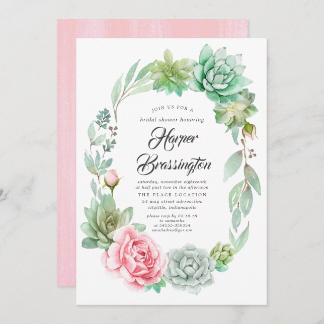 Succulents Wreath Floral Pink Bridal Shower Invitation (Front/Back)
