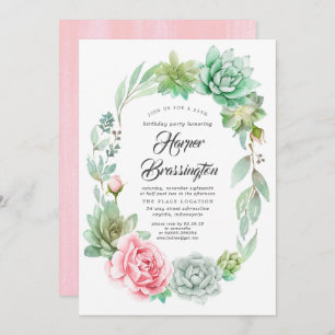 Succulents Wreath Floral Pink Cute Birthday Invitation