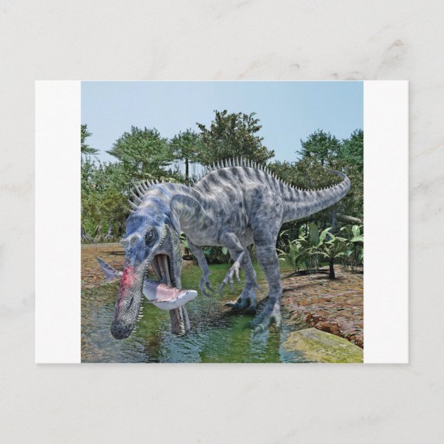 Suchomimus Dinosaur Eating a Shark in a Swamp Postcard (Front)