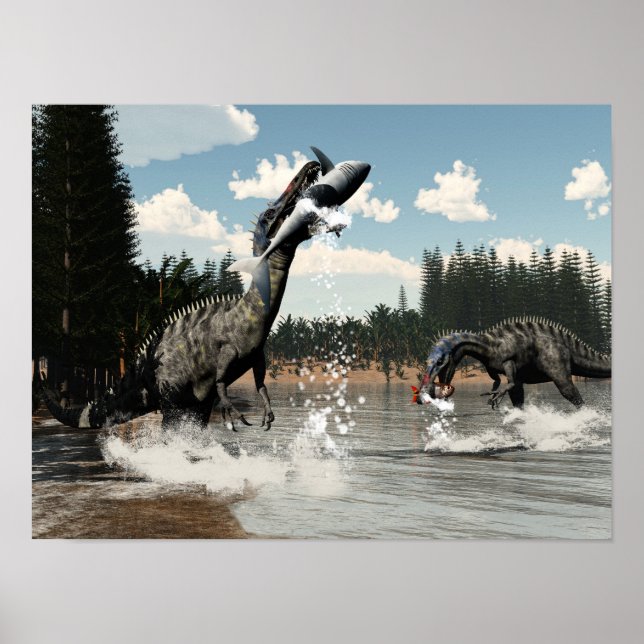 Suchomimus dinosaurs fishing fish and shark poster (Front)