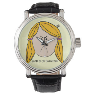 Suck It Up Buttercup Vintage Leather Strap Black Watch