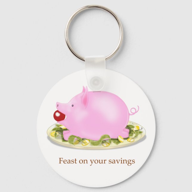 Suckling Piggy Bank "Feast on your savings" Money Key Ring (Front)
