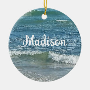 Sudsy Blue Atlantic Ocean Shore Custom Name Ceramic Ornament