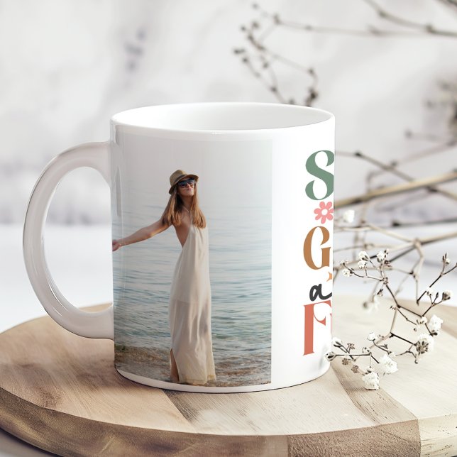 "Sueña en Grande Actúa Fuerte" 2 Custom Photos  Coffee Mug ("Sueña en Grande Actúa Fuerte" 2 Custom Photos Coffee Mug on a boho kitchen table with tiny flowers)