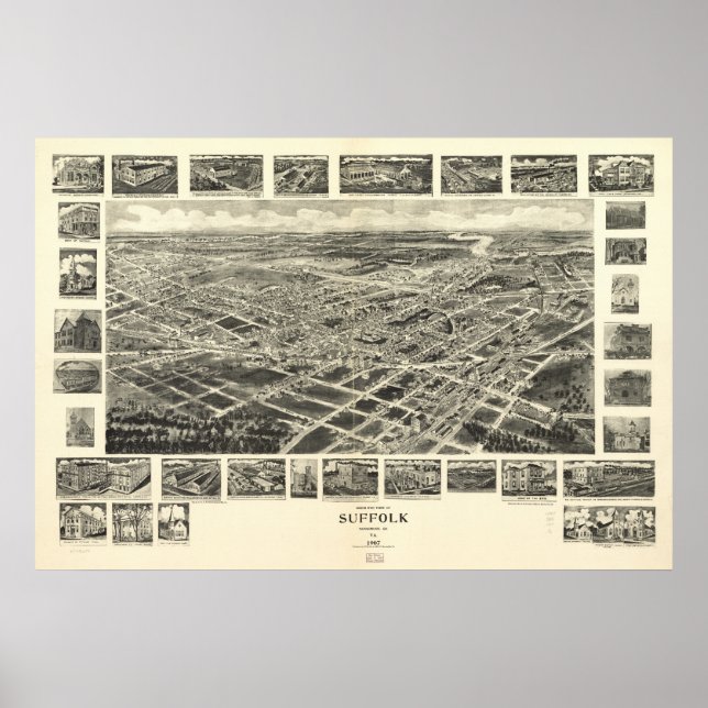 Suffolk Virginia 1907 Antique Panoramic Map Poster (Front)