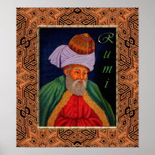 Sufi Mystic Portrait of Rumi on Geometric BG Poster