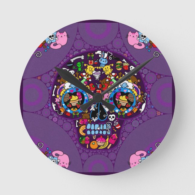 Sugar Art Skull Kawaii Doodle customised Round Clock (Front)
