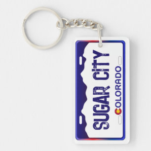 Sugar City Colorado blue license plate keychain