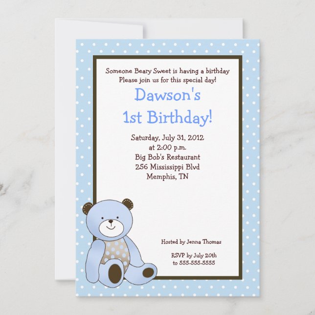 Sugar Cookie Blue Bear 5x7 Birthday Invitation (Front)