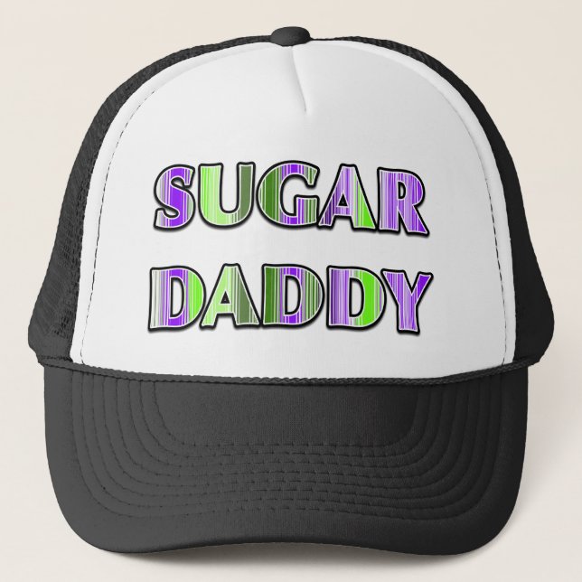"SUGAR DADDY" Green and Purple Candy Stripes Trucker Hat (Front)
