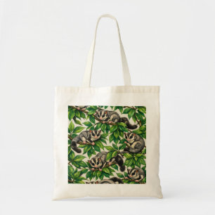 Sugar Gliders in Green Leaves Woodland Pattern Tote Bag