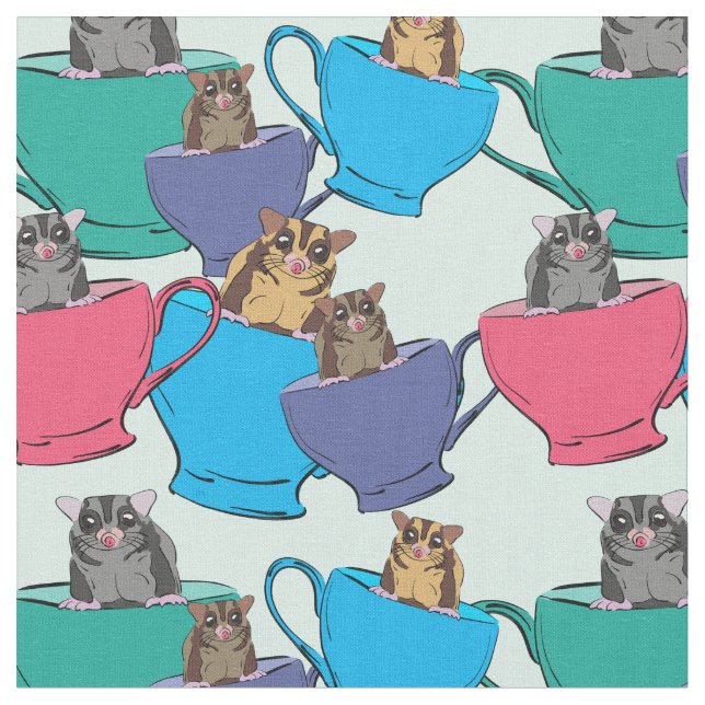 Sugar Gliders in Tea Cups Colourful Patterned Fabric (Close Up)