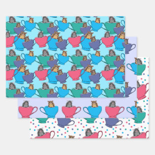 Sugar Gliders in Tea Cups Colourful Patterned Wrapping Paper Sheet