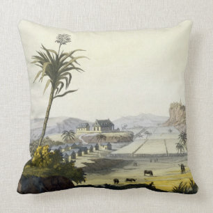Sugar Plantation, Antilles (colour engraving) Cushion