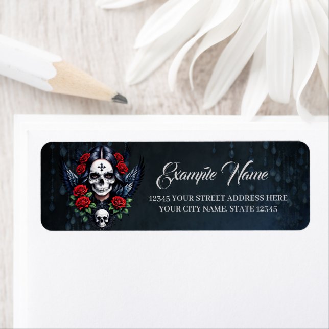 Sugar Skull Angel with Roses.  Return Address Label (Insitu)