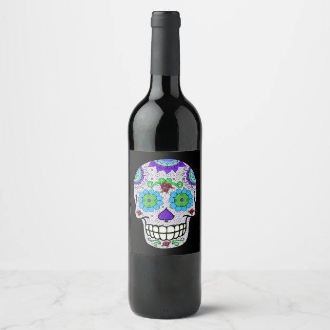 Sugar Skull Aqua Flower Eyes, Day of the Dead Wine Label (Front)
