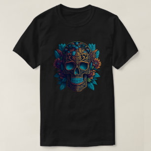 Sugar Skull Art - Black and Gold Flower Skull T-Shirt