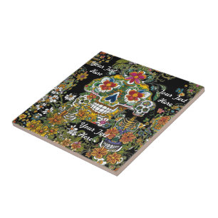 Sugar Skull Art Blooming Bones Customizable Ceramic Tile