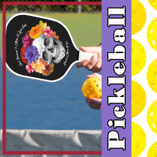 Sugar Skull Art Collage Colourful Flowers on Black Pickleball Paddle