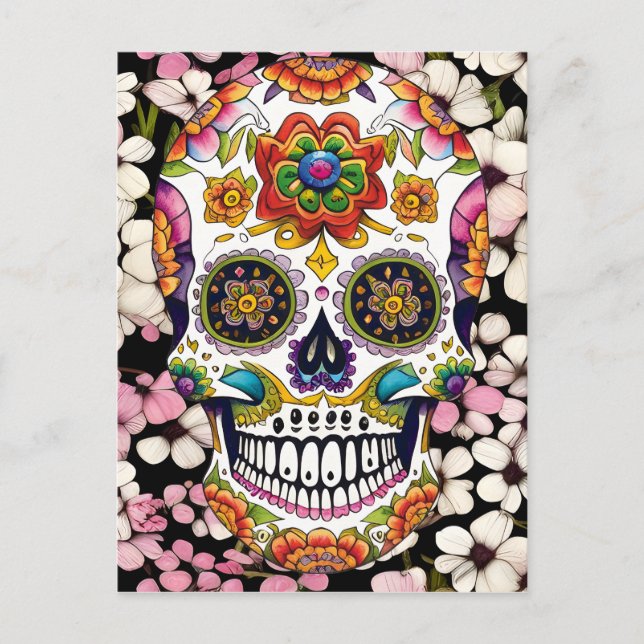 Sugar Skull Art - Colourful Day of the Dead Postcard (Front)