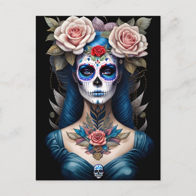 Sugar Skull Art - Colourful Dia de los Muertos Postcard (Front)