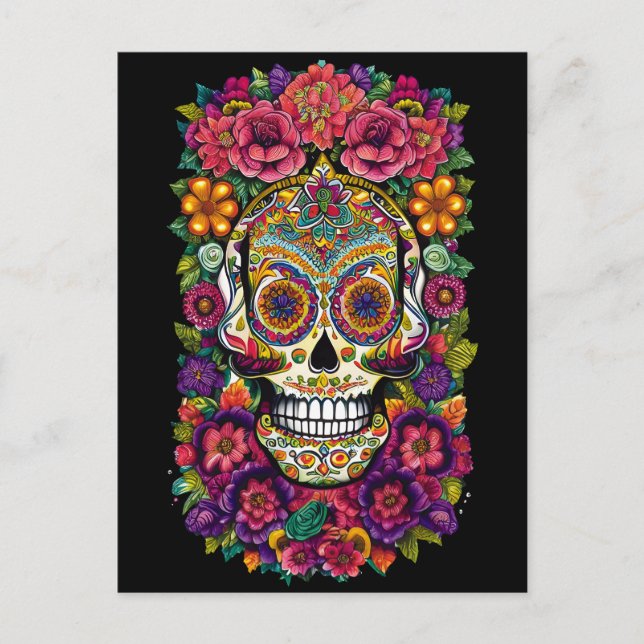 Sugar Skull Art - Colourful Dia de los Muertos Postcard (Front)