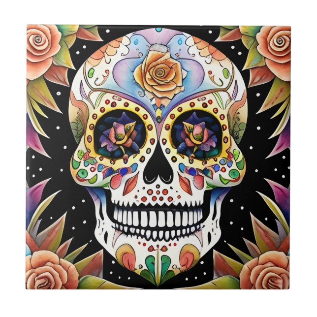 Sugar Skull Art - Colourful Mexican Fiesta Design Ceramic Tile (Front)