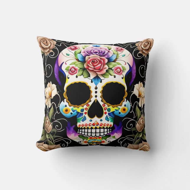 Sugar Skull Art - Colourful Remembrance Cushion (Front)