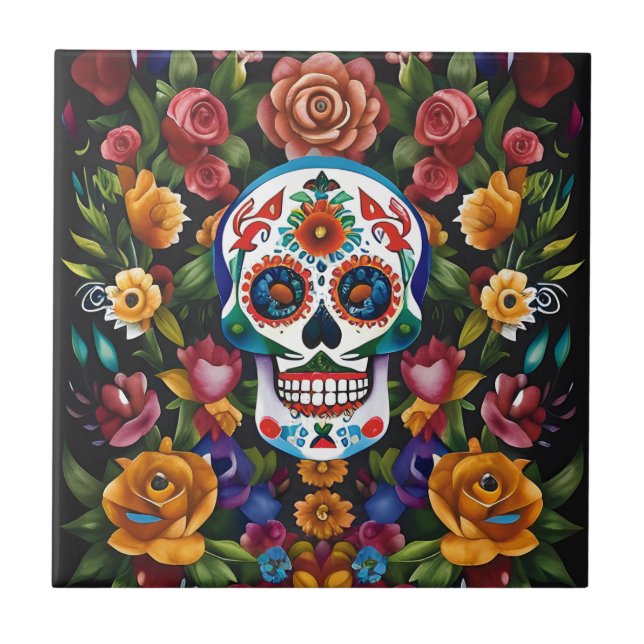 Sugar Skull Art - Colourful Traditions Ceramic Tile (Front)